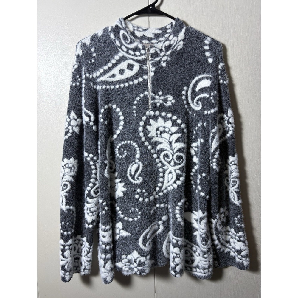 Chico's Size 3 XL Gray White Paisley Eyelash Knit 1/4 Zip Sweater Soft Cozy